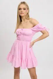 Pink Check Fit And Flare Dress Puff Sleeve Mini - Size 16XL, Women's Skater Dress