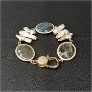 LAnGSHAW Natural Faceted Labradorite Oval Pave Cultured White Biwa Freshwater Pearl Wrap Bracelet 8" Handmade for Women