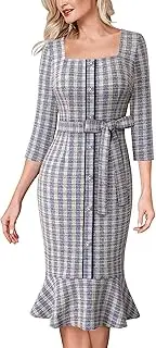 [VFSHOW] Womens Business Square Neck Button Belted Colorblock Patchwork Office Work Slim Sheath Mermaid Dress