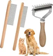 3 Pack Dog and Cat Dematting Kit,Undercoat Rake,Shedding Brush and Combs,Premium Wood Handle Grooming Set for All Breeds Removes Mats, Reduces Shedding, Prevents Tangles