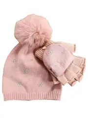 Womens Pink 2pc Beanie & Fingerless Gloves Hat Set Rhinestone Snowflake Design