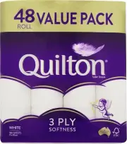 Quilton 3 Ply Toilet Tissue (180 Sheets per Roll, 11x10cm), Pack of 48 Rolls