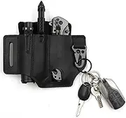 Multitool Leather EDC Pocket Organizer for Men, Leatherman Sheath With Pen Holder, Key Fob, Flashlight Holder, Belt Pouch (Black)