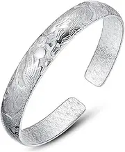 [BABESA] Sterling Silver Bracelet,Chain Bangle,Sterling Silver Bracelet For Women,Women 925 Silver Bracelet Chinese Dragon Carving Adjustable Cuff Bangle Friendship Bracelet Ladies Silver Jewellery Birthday Gi