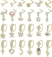 [LOAYHOAY] 24Pcs 20G Surgical Steel Dangle Nose Ring for Women L Shaped Dangling Nose Stud Dainty Nose Hoop Set CZ Flower Leaf Heart Moon Star Butterfly Dangle Nose Piercing Jewelry