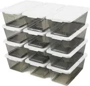 12 Packs Clear Storage Bins with Lids Stackable Shoe Boxes Smoky Grey