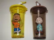 2 PEANUTS PLASTIC CUP TUMBLER W/ STRAW FRANKLIN & PIG PEN NEW LOT