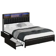 Oikiture Queen Bed Frame With LED Storage Headboard 4 Drawers USB Charge