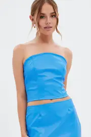 Blue Faux Leather Corset Sleeveless Strapless Bandeau - Size 16, Women's Crop Top