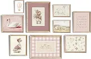 Kizbok Pink Nursery Wall Art Decor for Baby Girl Room Decor, Vintage Kids Room Wall Decor Swan Bunny Duck Hot Air Balloons Flower Canvas Art Prints Poster, Cute Nursery Wall Decor Poster for Little