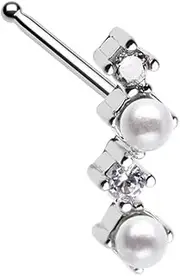 [Pierced Owl] 20GA 316L Stainless Steel CZ Crystal and Synthetic Pearls Zig Zag Nose Bone Stud