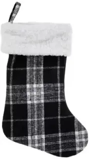 Christmas Stocking Black & White Plaid with a Fluffy White Cuff 17.5 inch