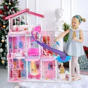 3.9 x 3.5-FT Plastic Doll House with Pool, Slide & Furniture Accessories, 3-S...