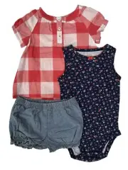 Carters Infant Girls Pink Plaid Top Navy Floral Bodysuit & Shorts Outfit