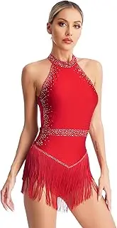 [iEFiEL] Women's Sparkly Fringe Bodysuit Halter Latin Jazz Dance Leotard Tassel Ballroom Dancing Costume