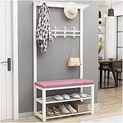 Coat Rack, 4-in-1 Entryway Hall Tree, Coat Rack with 12 Hooks and 2 Hanging Rods,with Bench and Shoe Storage,Metal Frame,Freestanding Coat Rack Stand for Living Room, Bedroom(Pink,80 * 33 * 170cm)