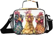 Chickens Glasses Heads Insulated Lunch Box for Women Men - Ideal for Work, Picnics - Includes Adjustable Shoulder Strap