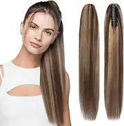 SEGOHAIR Claw Clip Ponytail Hair Extensions Human Hair, 16 Inch Ponytail Extension Natural Real Hair Straight Remy Hair Picecs-Dark Chocolate Brown with Strawberry Honev Blonde(115g）