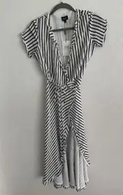 NWT Bardot SZ 6 Black and White Stripped Wrap Dress Tie Waist