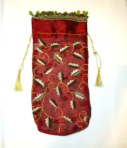 Embroidered Christmas Wine Bottle Cover Organza Holly Berries Katherines Collect
