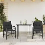 3 Piece Bistro Set with Cushions Black Poly Rattan,Outdoor Furniture Sets-3212096