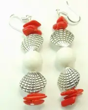 White Red Coral Earrings & Shells Handmade Jewelry