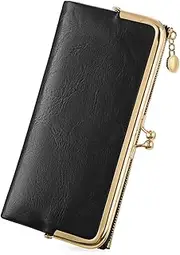 [GOIACII] Womens Wallet Ladies Vintage Billfold Compact Card Holder Long Zip Clutch Purse with Kiss Lock, Black