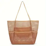 GGP Brown Breathable Mesh Beach Tote Bag Large Capacity Sand Free Bag With Zipper Pocket & Multi Purpose Storage