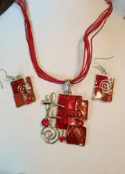 Multilayer Red wax rope chain Geometric Shaped Resin pendant necklace earring