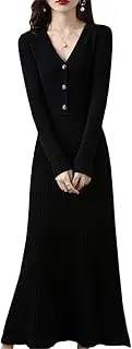 [Zozogag] Autumn/Winter V-Neck Cashmere Knitted Women Super Long Dresses High Elasticity Soft Sweaters 100% Wool Pullovers