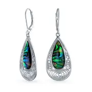 Rainbow Filigree Teardrop Dangle Earrings with Abalone Shell in Sterling Silver