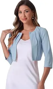 [Allegra K] 3/4 Sleeve Shrug Top for Women's Collarless Pleated Open Front Cropped Cardigan