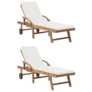 2pcs Pool Loungers With Cushion Reclining Deck Chair Chaise Lounge Wooden Sunbed