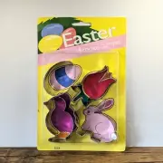 Vintage - Set of 4 NOS Metal Easter Cookie Cutters, Egg Rose Chick & Bunny