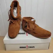 Minnetonka Boots Womens 6.5 Fringe Moccasin Ankle Booties Brown Suede Feather
