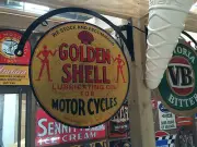 GOLDEN SHELL OIL TIN METAL SIGN WITH HANGER DBL SIDED BAR HOT ROD BOWSER PETROL