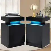 Ulsmvoc Nightstand Black Modern Led Lights Bedside Table W/Storage Cabinet (2Pc)