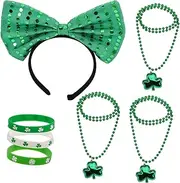 TOGEVAL St. Patrick's Day Women's Set Green Earrings Bead Necklace Bow Headband Festive Accessory