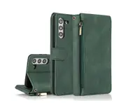 For Samsung Galaxy S21 Plus Case, Leather Zipper Purse Flip Cover Case with Card Slot Holder Wrist Strap Lanyard (Dark Green)
