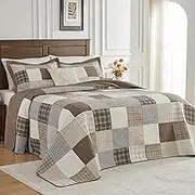 SahSahCasa 120"x102" 100% Cotton Oversized Queen Bedspread Coverlet Quilt Set, Patchwork Plaid Quilted Bedspread Extra Large Quilt, XL Bed Spread Lightweight Comforter, 3pc, Khaki