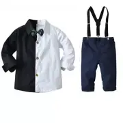 Children's Suit Boys' Black and White Stitched Shirt Strap Pants Bow Tie Suit