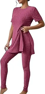 [PTOLOCIF] Women's Ribbed Knit Lounge Set Summer 2 Piece Matching Outfits Short Sleeve Side Split Tunic Top and Leggings Set