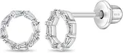 [In Season Jewelry] 925 Sterling Silver Round Open Work Safety Screw Back Earrings With Baguette Cubic Zirconia Stones - Gleaming Round Earrings For Younger Girls, Metal, Cubic Zirconia