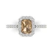 2.07 ct Emerald Cut Halo Champagne Stone Wedding Promise Ring 14k White Gold