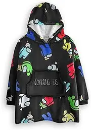 [Among Us] Boys Wearable Blanket Hoodie | Kids Hooded Fleece Pullover in Black with Multi-Coloured Crewmates & Imposter Character All Over Print | Sherpa Lined Loungewear Mystery Gamer Merchandise Gift,