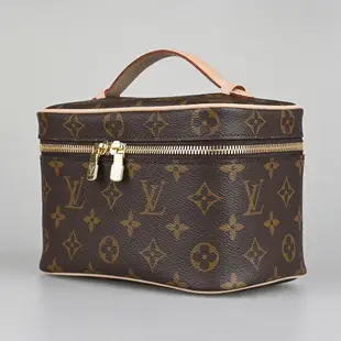 LV Nice Mini滿版印花LOGO塗層帆布結合牛皮拉鍊手提梳洗化妝包(棕褐)