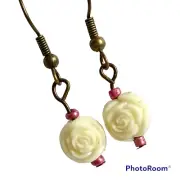 Vintage White Cream Rose Bud Flower Earrings Gold Tone Plated Carved Beads