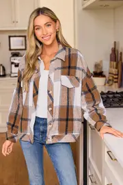 Cupshe Brown Plaid Collared Front Button Jacket - Light Brown,L
