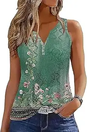 [Yeenily] Women's Tank Top Sleeveless V-Neck Summer Tank Tops Front Button Loose Tunic Shirt Vest Blouse
