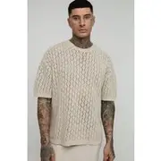 Mens Natural Tall Oversized Boxy Zig Zag Crochet T-Shirt